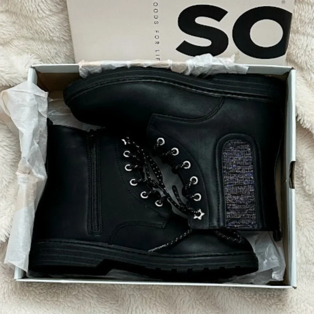 New in Box SO Roxana Big Girl's Combat Black Boots Memory Foam Size 5 Fairygoth